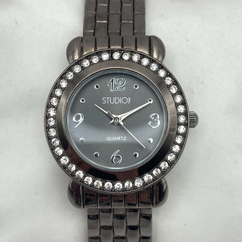 Studio Time Women's Watch 30mm Black Cuff Crystals Bling New Battery 6.75"